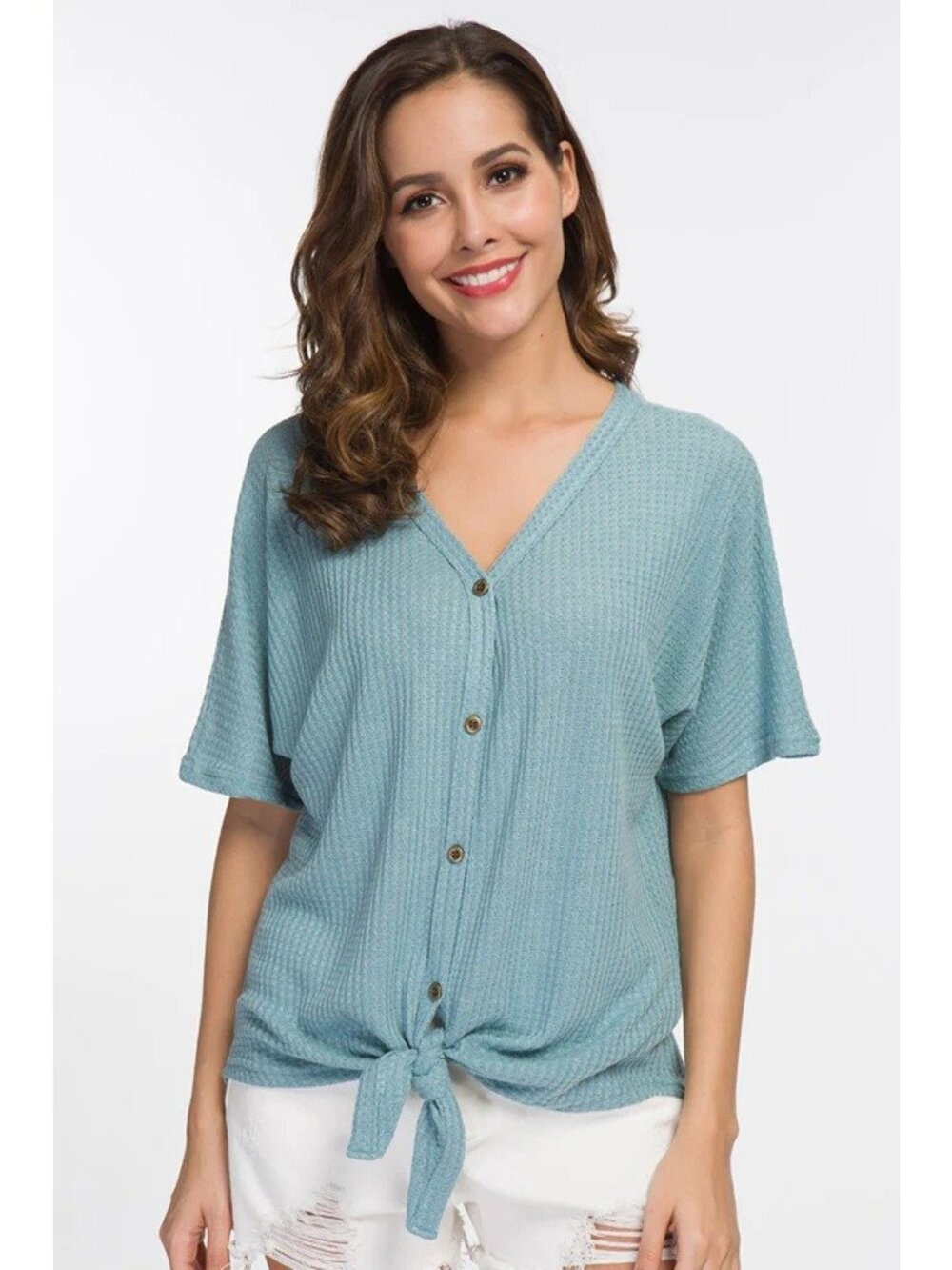 Women’s XL Waffle Knit V Neck Button Tie Front Top Short Sleeve
